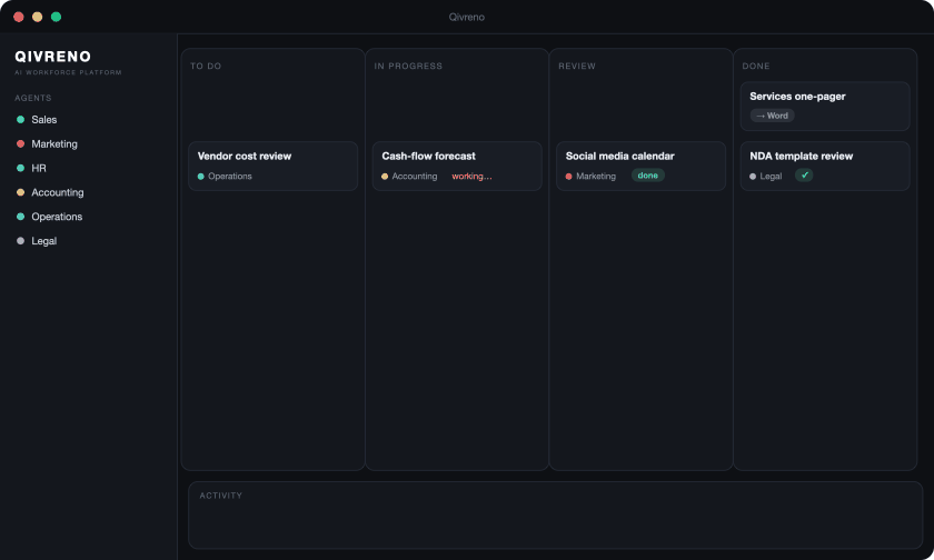 Qivreno agents messaging each other and moving tasks across the kanban board